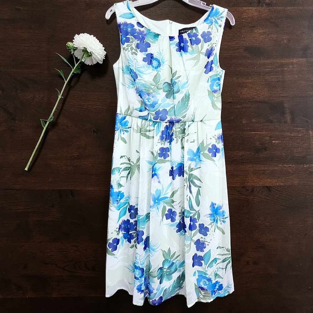 Connected Apparel Spring Summer Blue Watercolor Floral Flowy Midi Dress Size 6